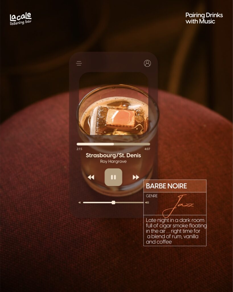 Barbe Noire cocktail with dark rum and coffee, paired with Roy Hargrove's jazz at La Cale